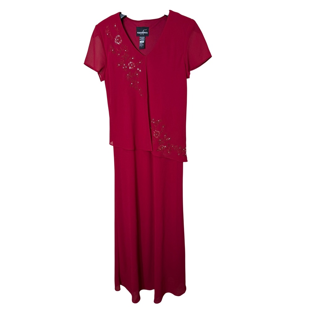 Positive Attitude Red Beaded Floral Embroidered Layered Maxi Dress Size 6